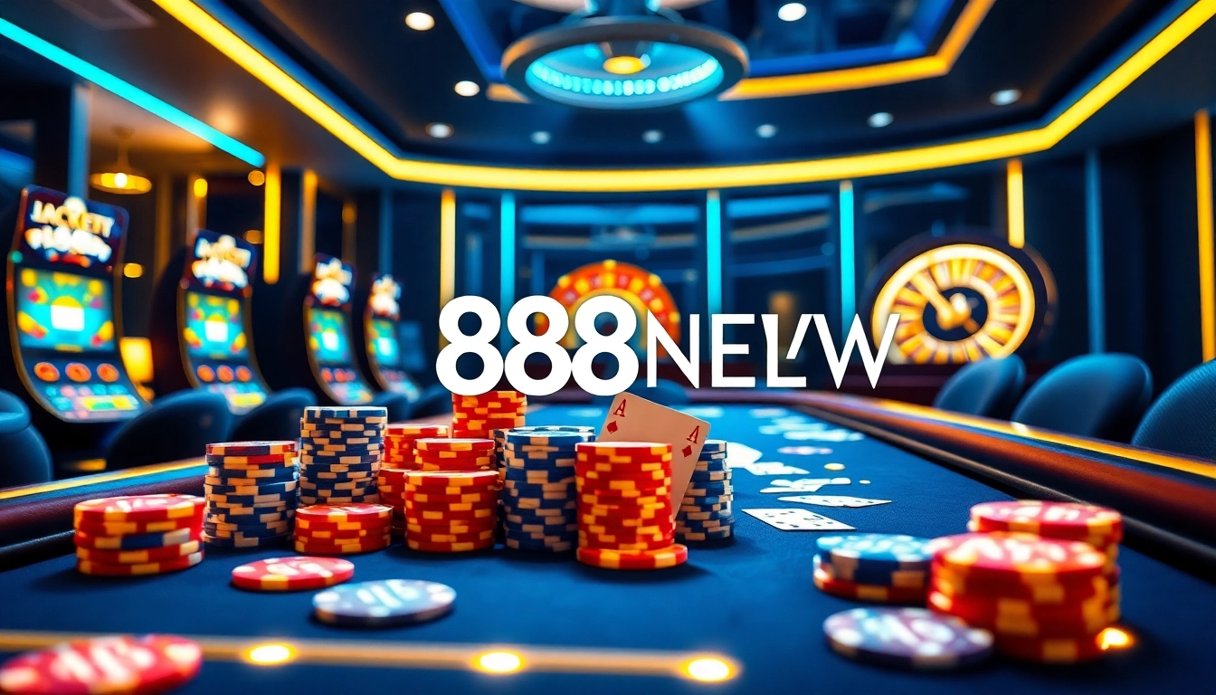 888NEW online casino interface with vibrant poker chips and dynamic slot machines.