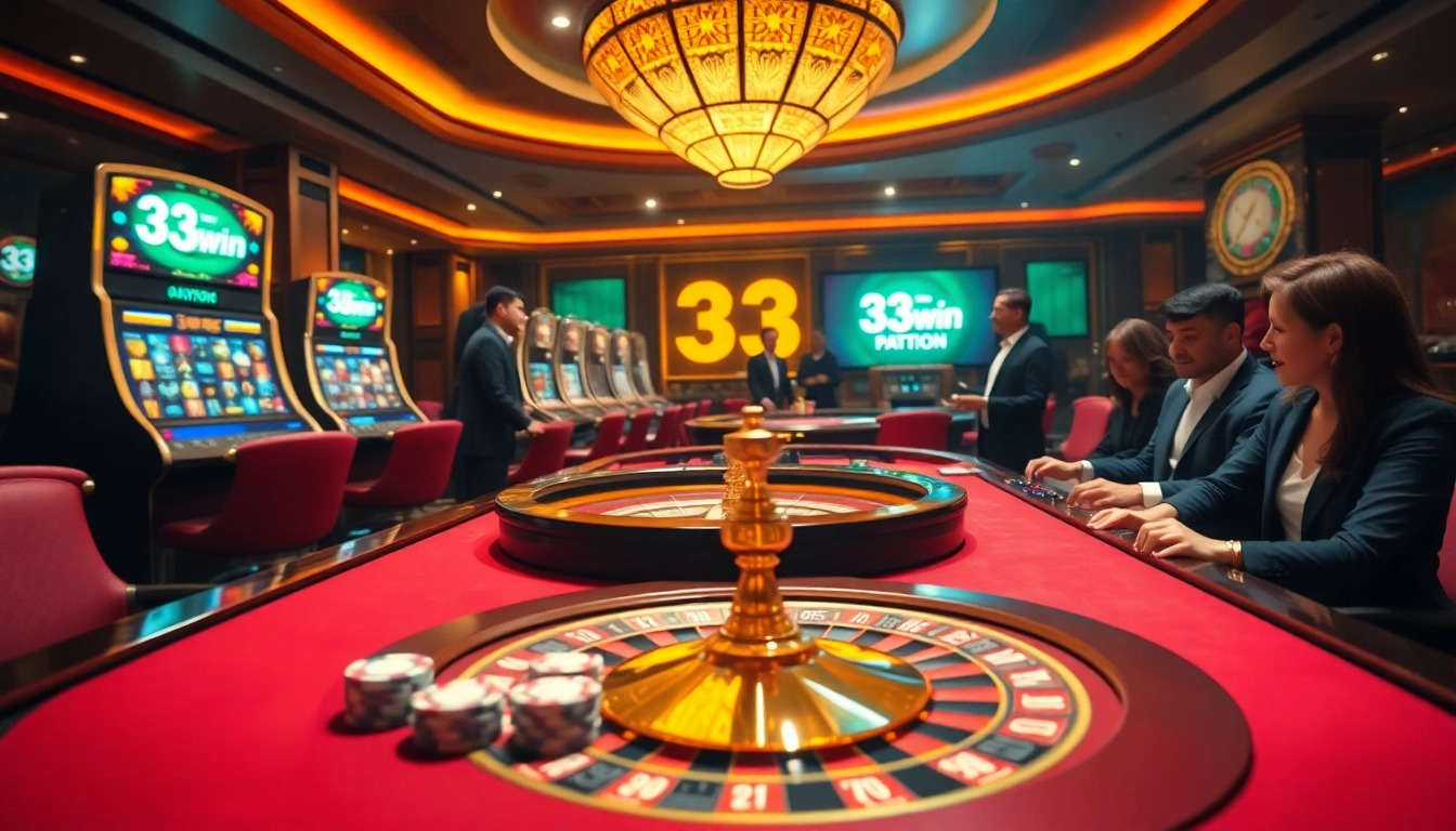 Experience the thrill of 33win in a luxurious casino atmosphere filled with gaming tables and vibrant slot machines.