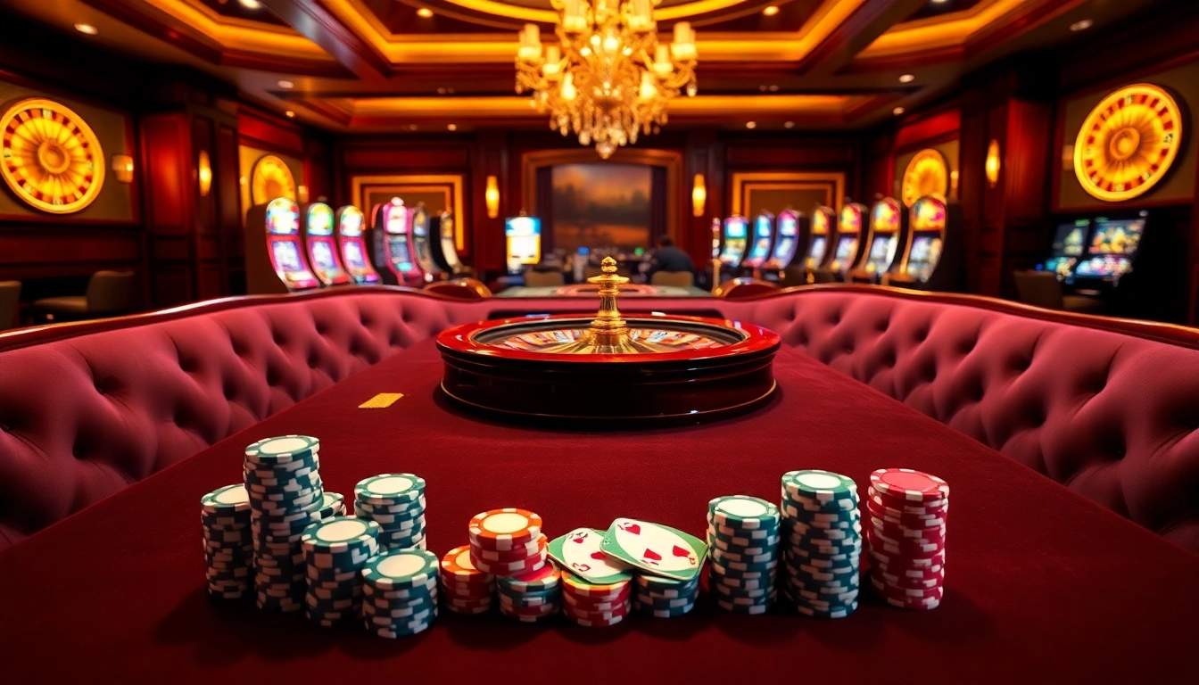 Playing poker chips and cards at a luxurious casino environment of https://nohu900.in.net/.