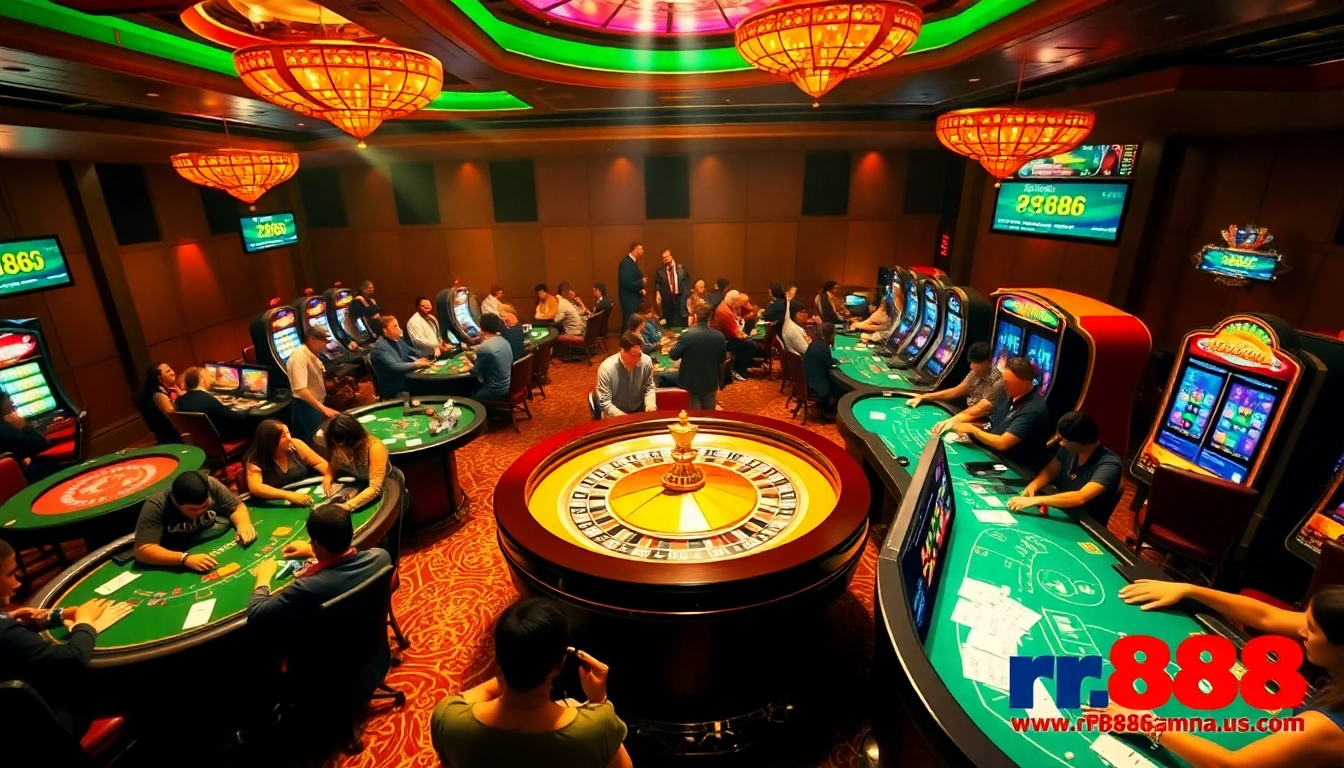 A bustling casino scene featuring excited gamblers at tables and slots from https://rr88a.us.com/, capturing the thrill of play.