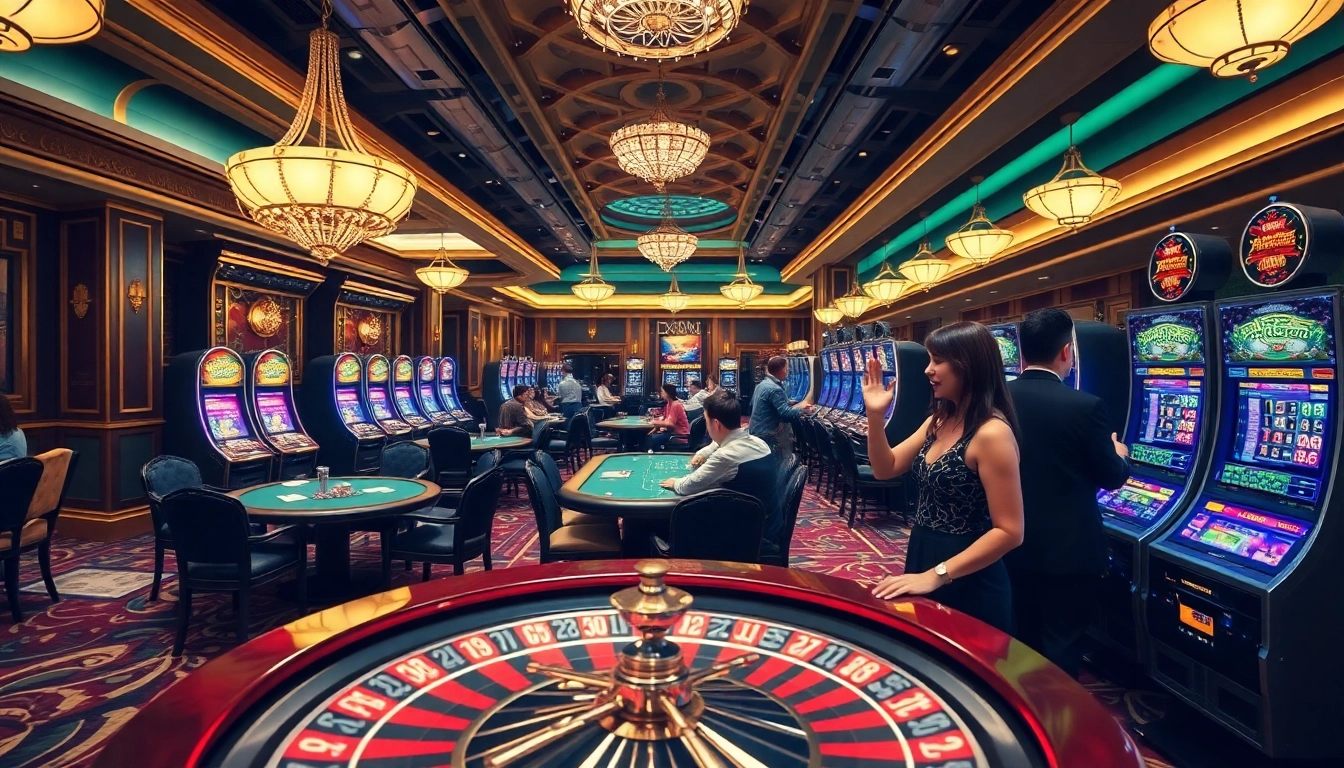 Engaging scene at a nohu90 casino with excited players at slot machines amid a luxurious atmosphere.
