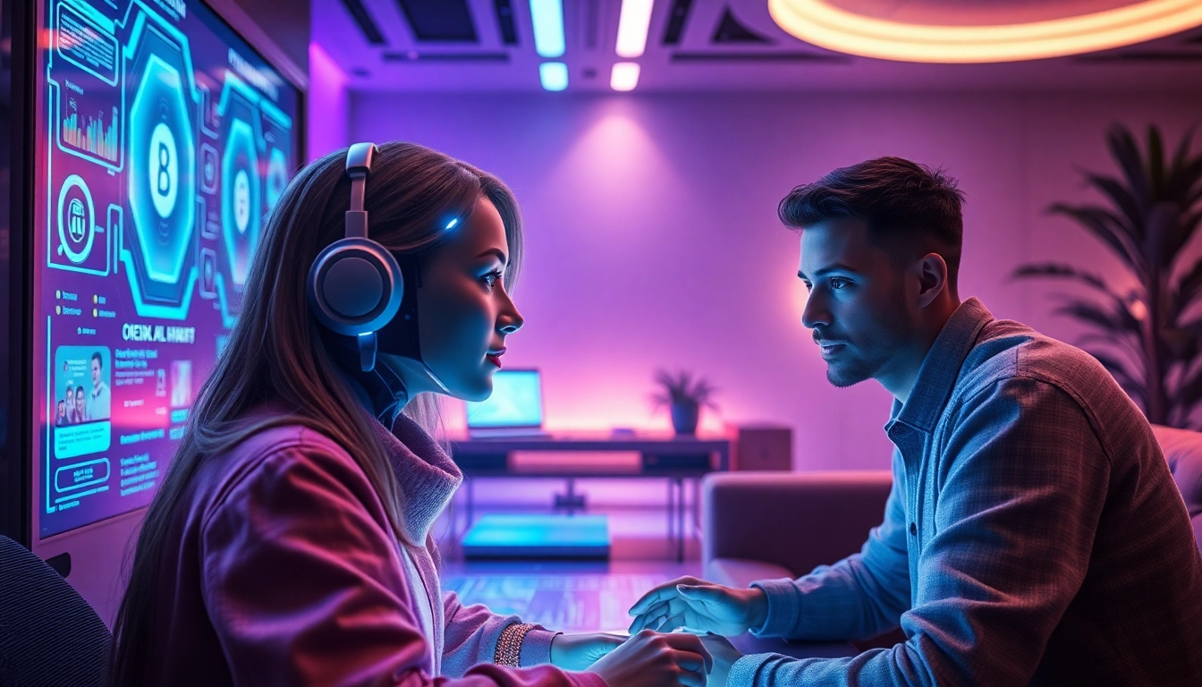 Engaging AI interaction with Crushon character in a modern workspace.