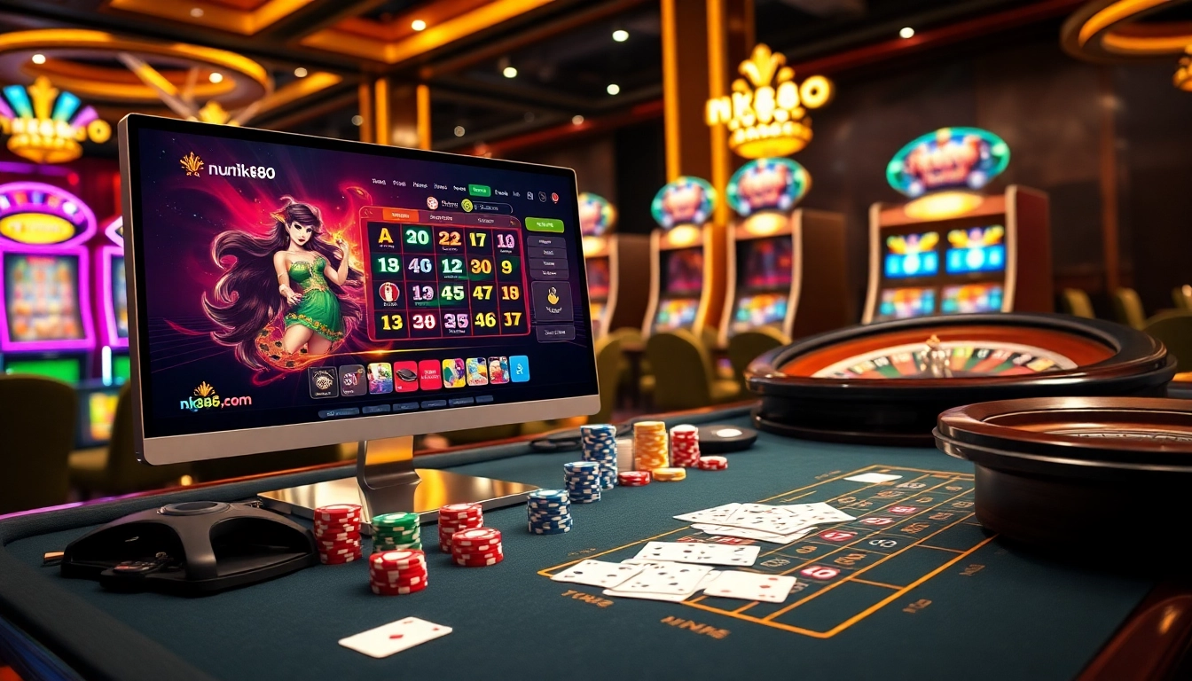 Exciting nk88 game interface with vibrant casino elements like poker chips and a roulette wheel.
