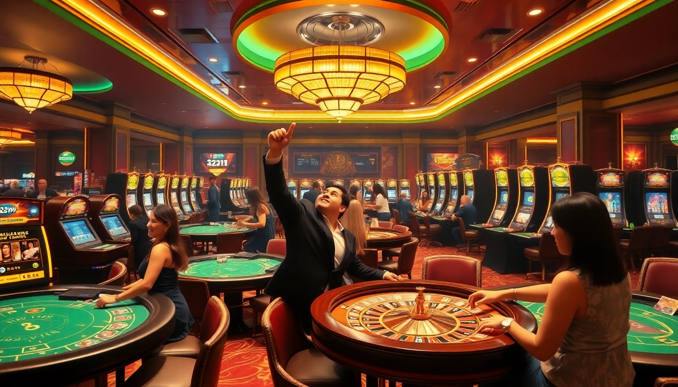 Nha cái uy tín 32win players celebrating a win at a luxurious casino filled with vibrant games.