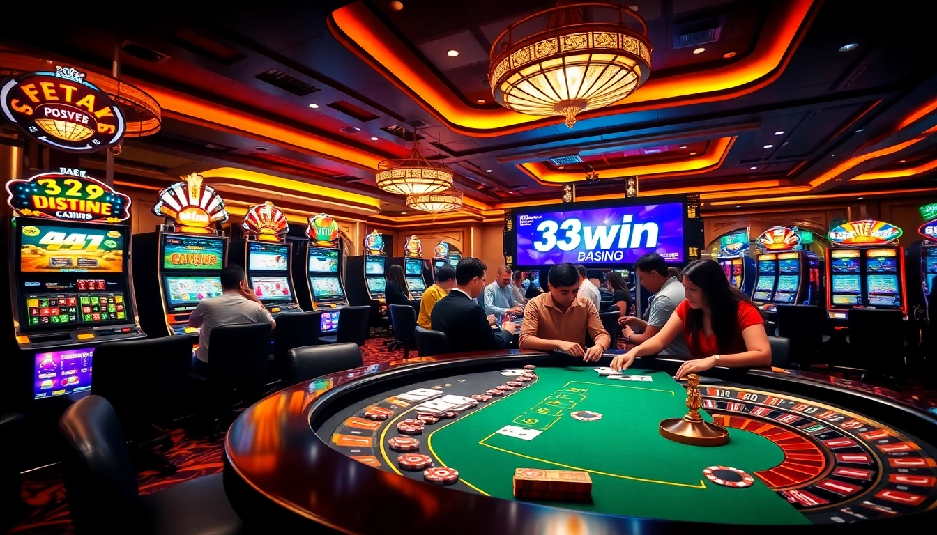 Players enjoying a thrilling game at the 33win casino with vibrant slot machines and roulette.
