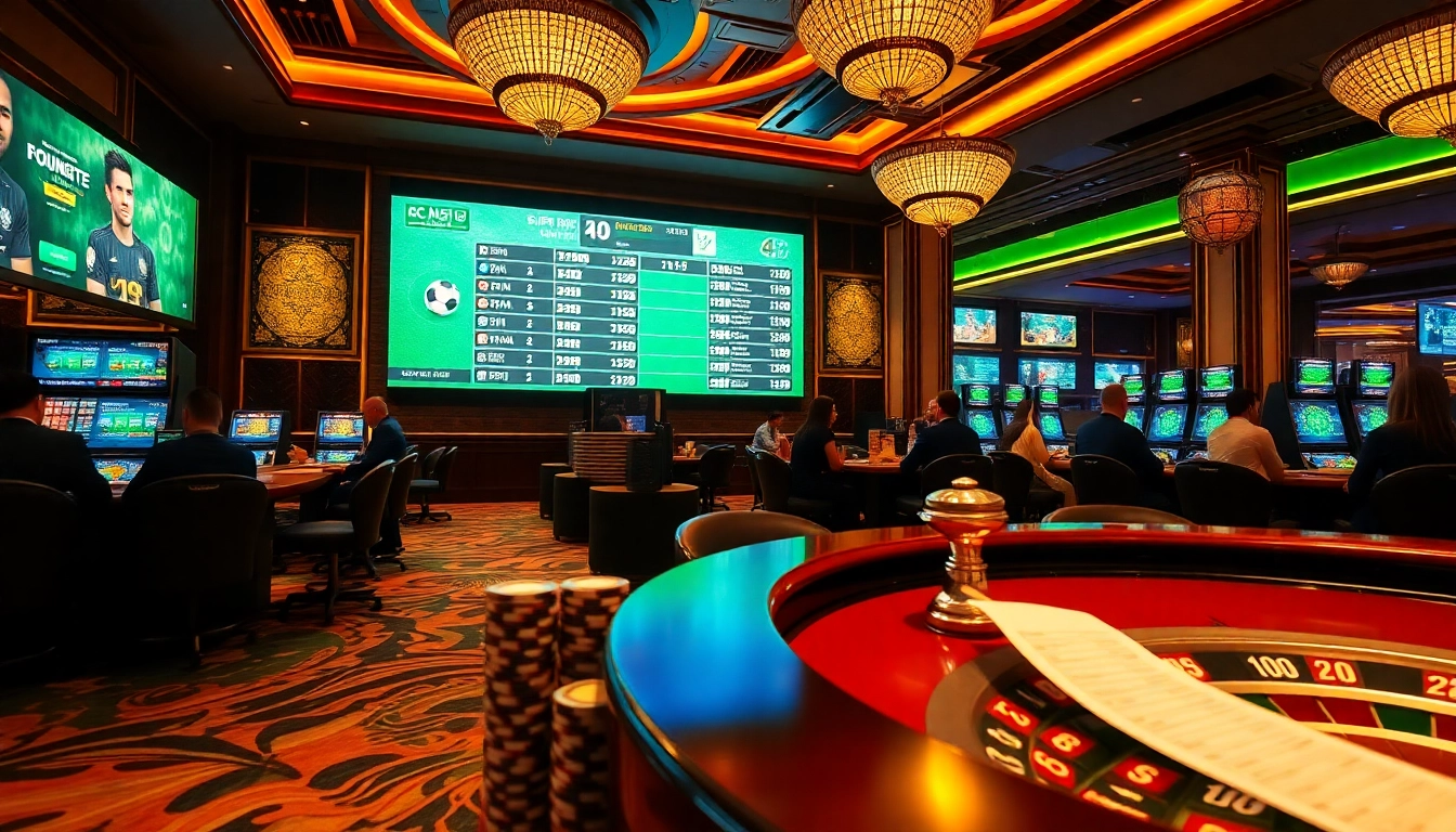 Engaging in kèo bóng đá at an upscale casino sports betting area, featuring betting slips and poker chips.
