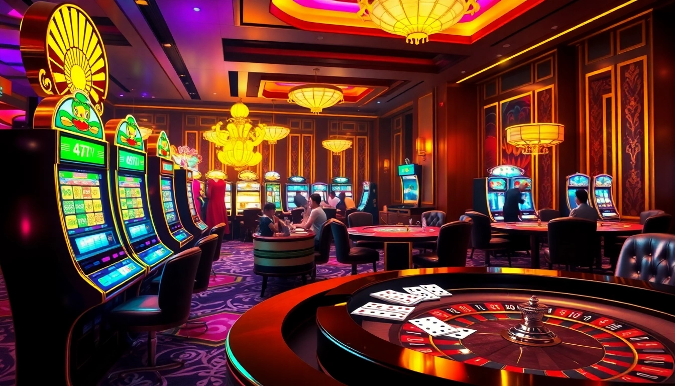 Nổ Hũ Uy Tín gaming scene with vibrant slot machines and casino tables creating an exciting atmosphere.