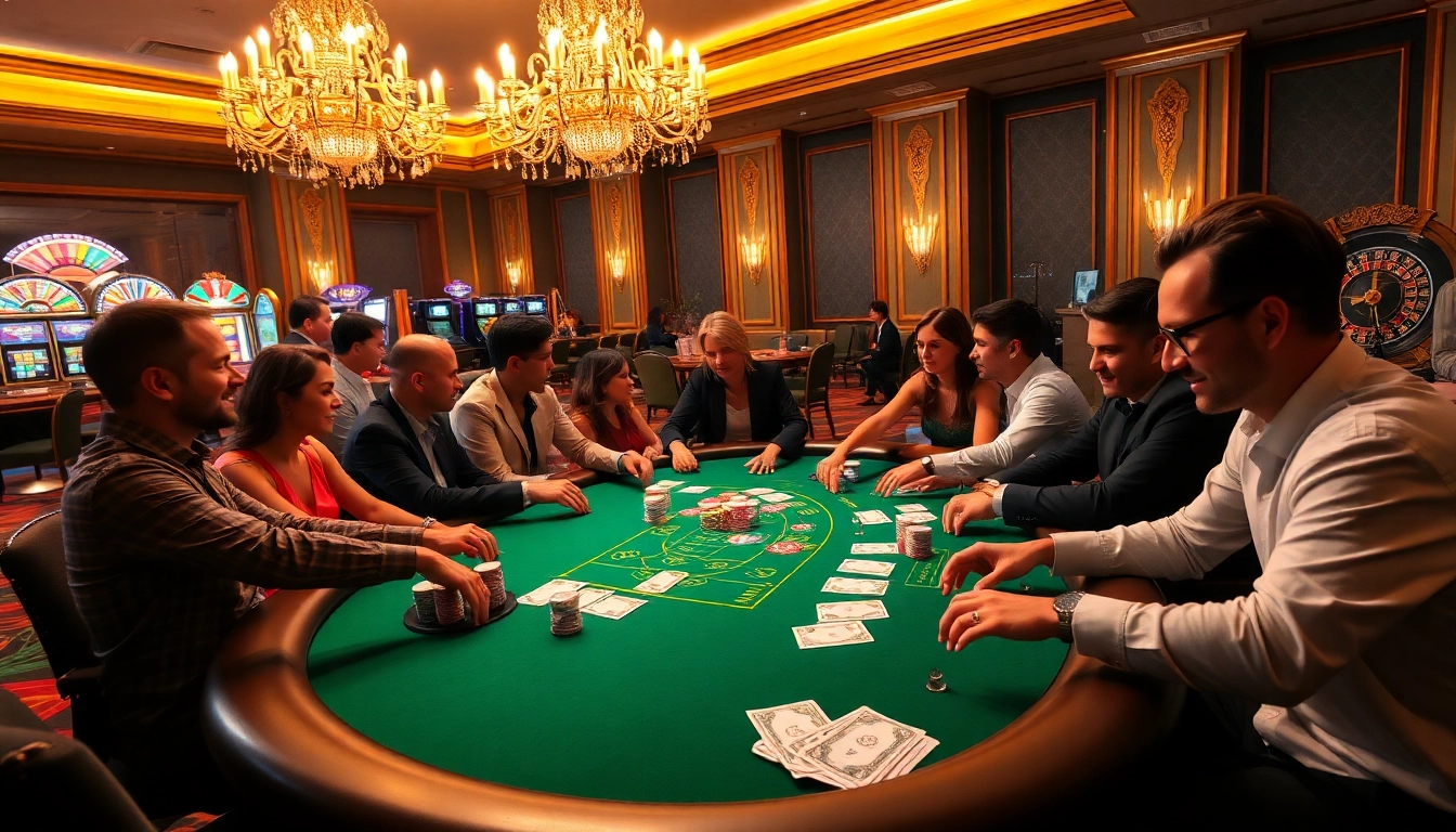 EV88 players enjoy an engaging atmosphere at a high-stakes poker table with vibrant chips and luxurious elements.