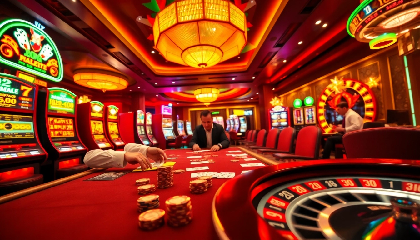 NK88 casino table action with poker chips, cards, and a roulette wheel in an exciting gaming atmosphere.