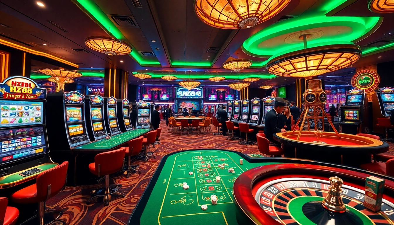 Experience thrilling gameplay at HZ88 casino with vibrant slot machines and elegant card tables.