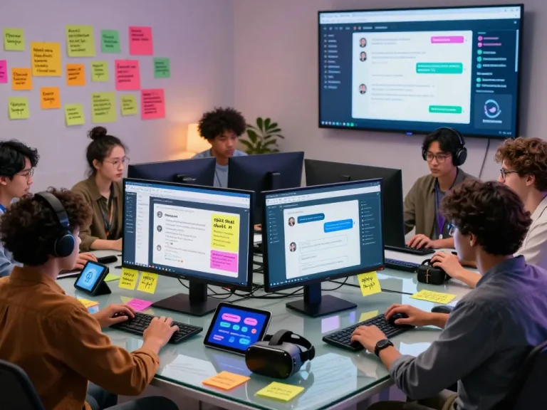 Developers collaborating on spicy chat AI applications in a vibrant digital workspace.