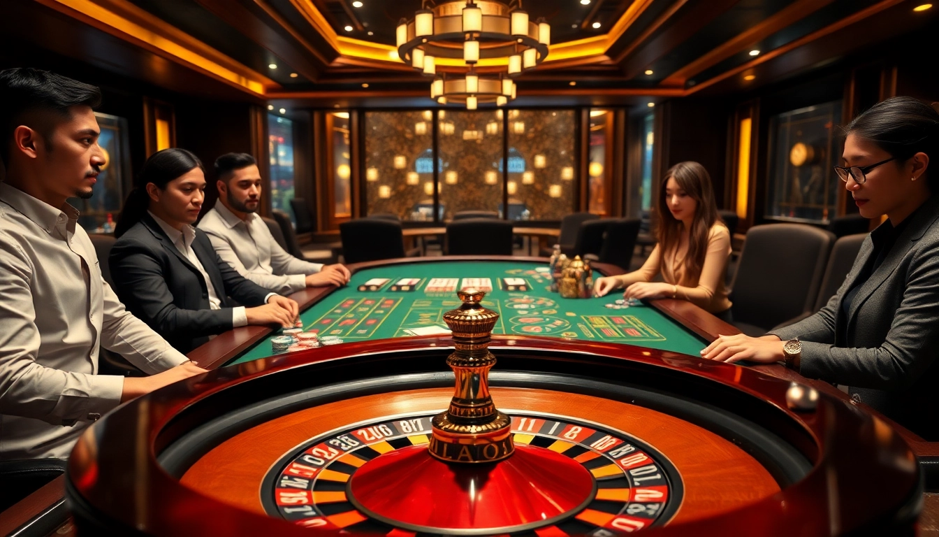 Exciting gambling scene at Liên minh OKATM with poker table, chips, and roulette wheel illustrating high stakes.