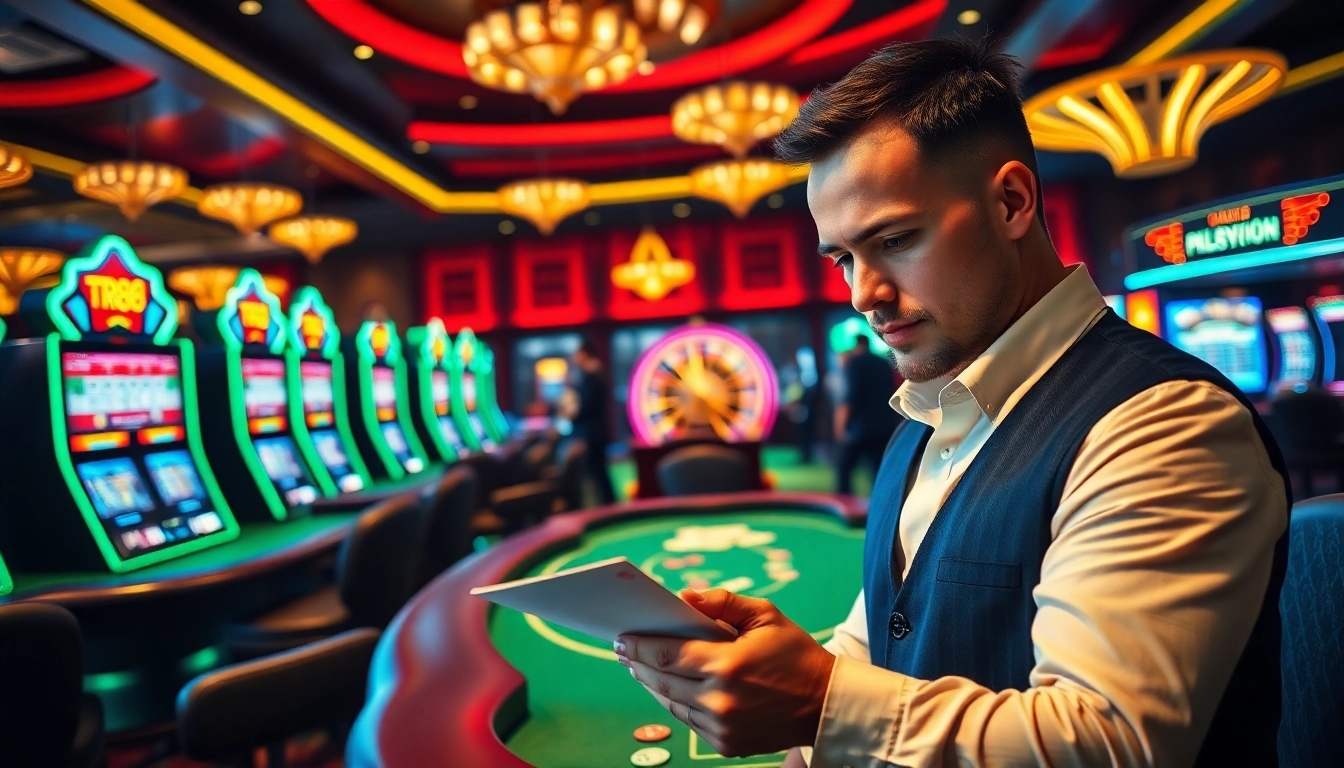 Engaging gambler analyzing a betting slip with TR88 poker chips in a lively casino setting.