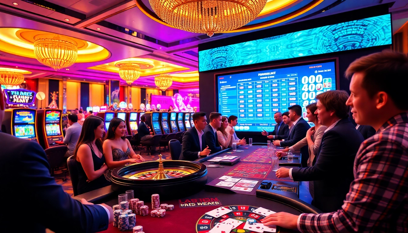 s8mx com features vibrant casino gaming with poker chips, roulette, and excited players.