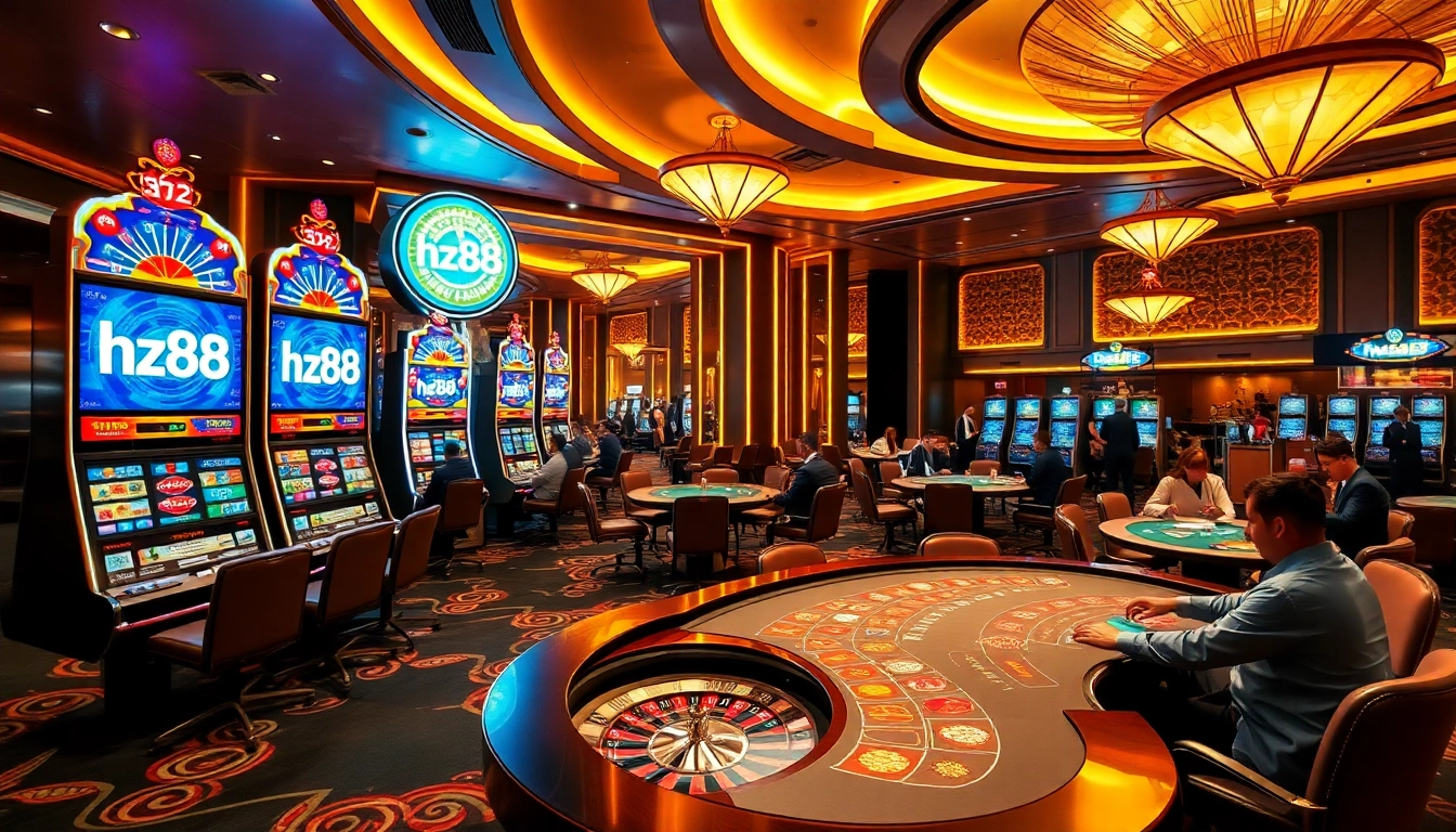 Experience the excitement of hz88 with vibrant casino games and players engaging at a luxurious gaming floor.