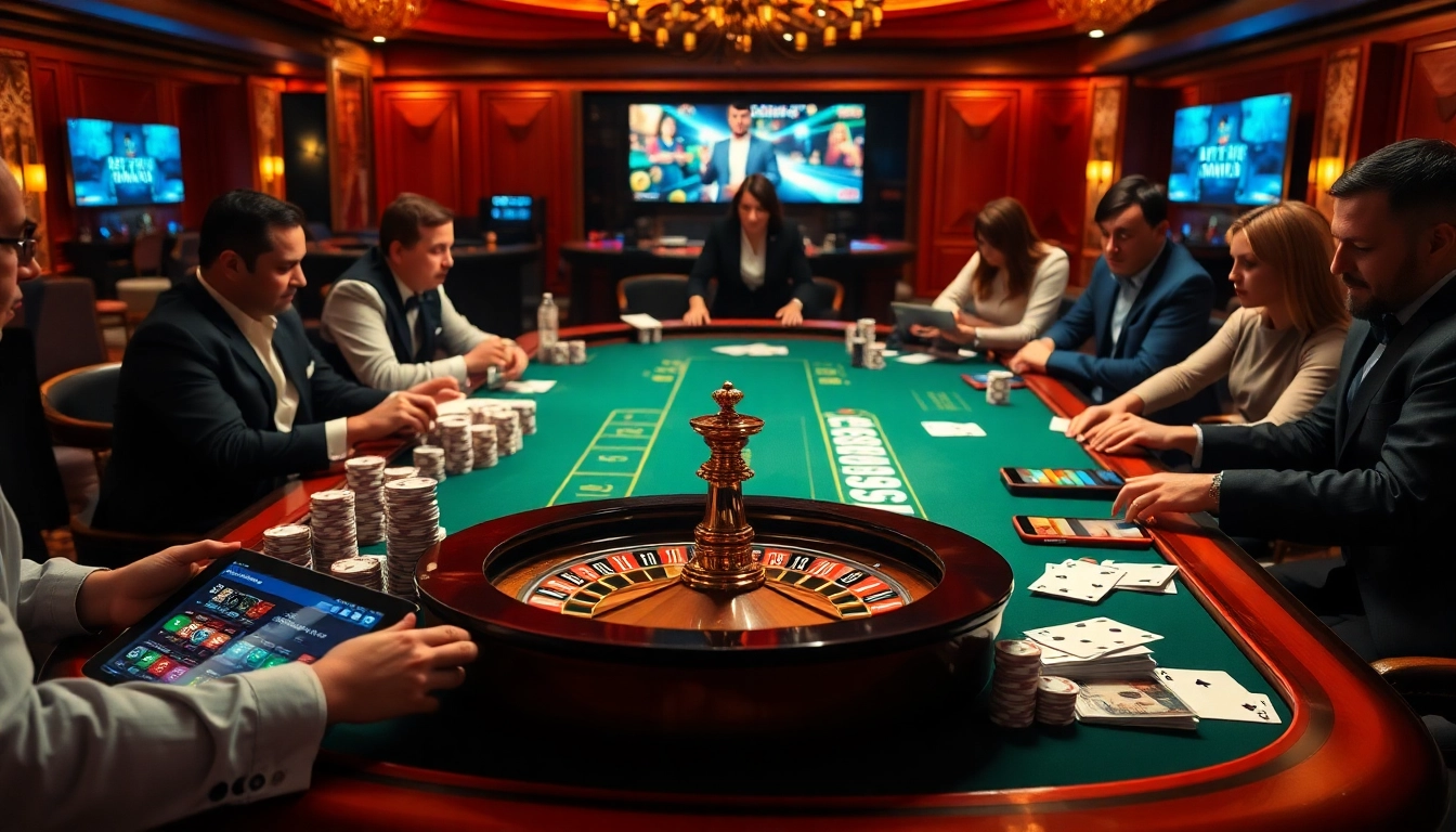 Players enjoying casino games at P3, featuring vibrant tables, poker chips, and a roulette wheel.