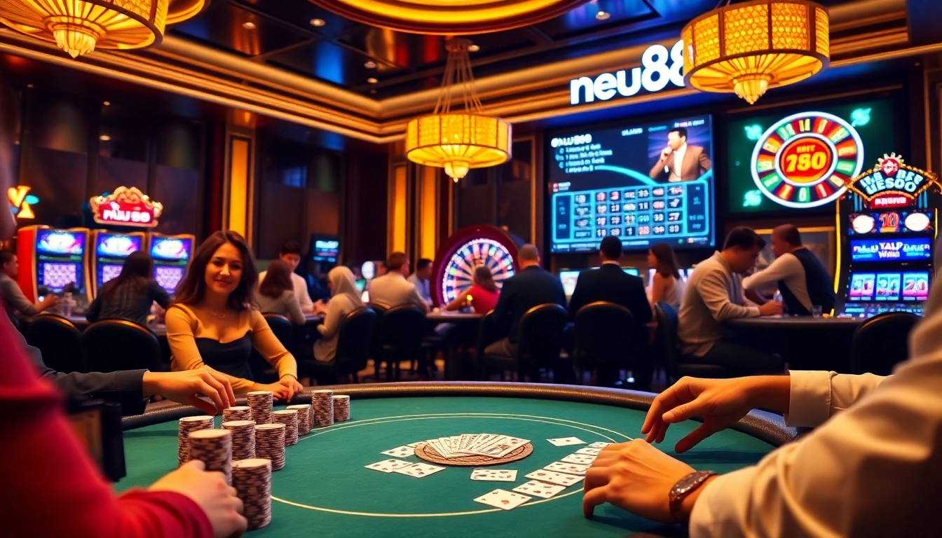 Exciting gambling scene highlighting neu88's vibrant casino atmosphere with poker and slot machines.