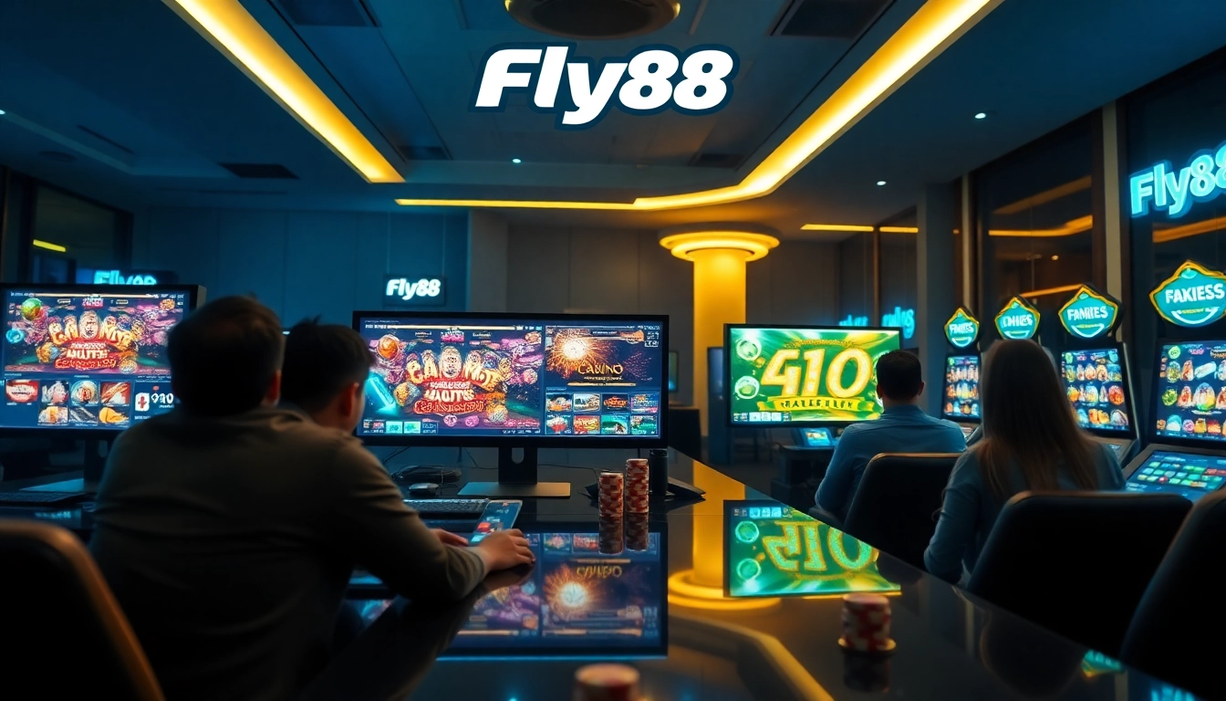 Fly88 gaming platform showcasing vibrant casino games and a luxurious atmosphere