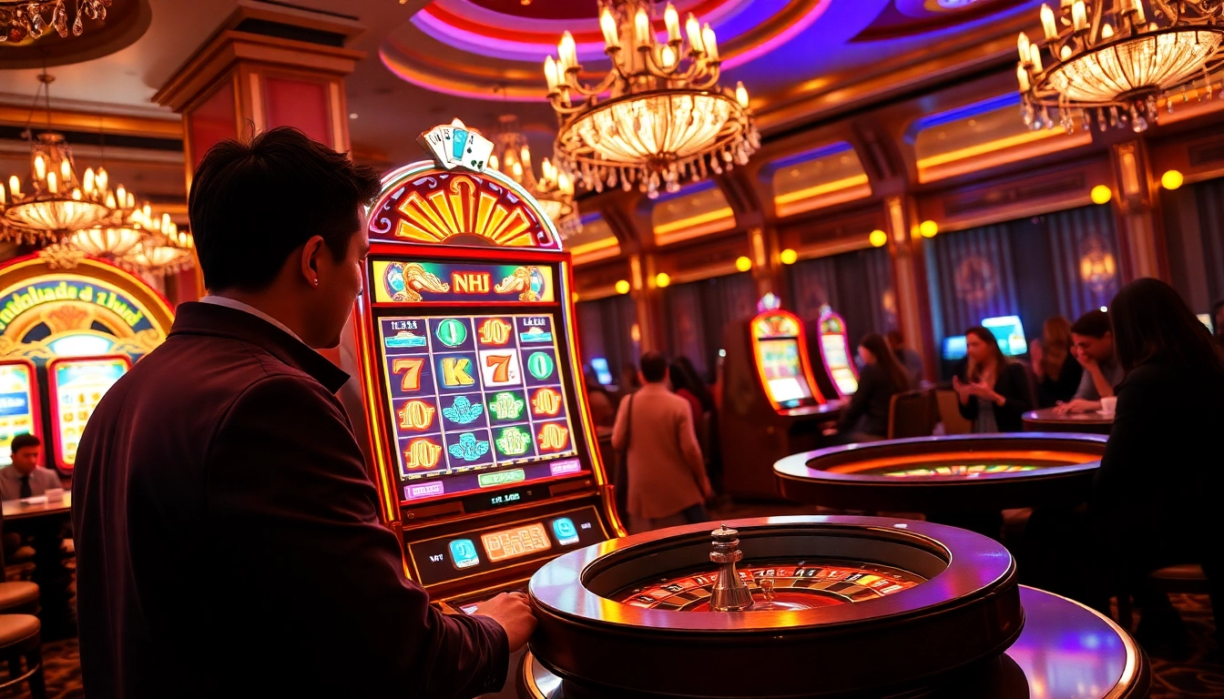 Excited player engages with a nổ hũ slot machine in a vibrant casino environment.