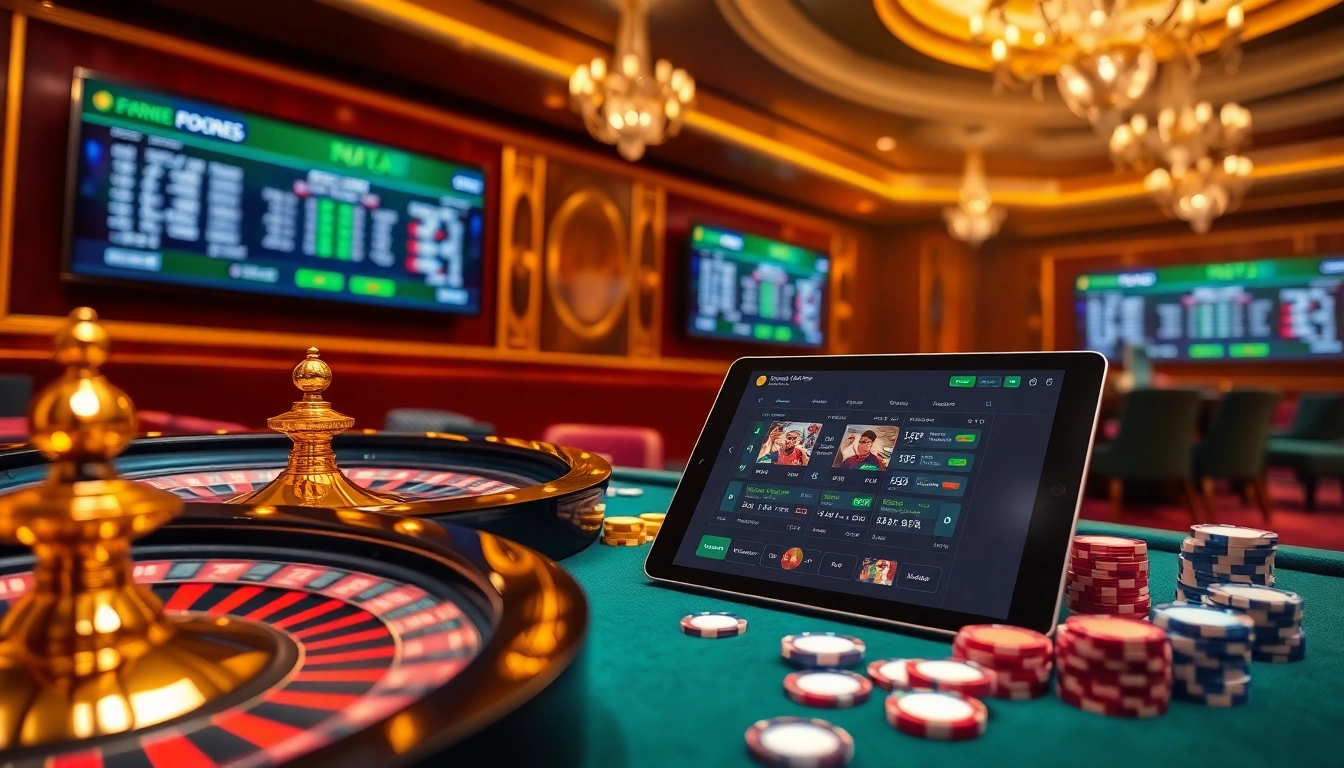 Live football scores (tỷ số trực tuyến bóng đá) displayed on a sleek betting interface in a luxurious casino setting.