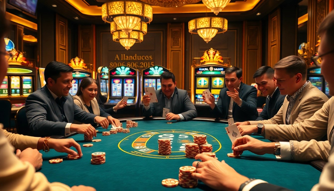 Players engage at the UU88 casino table, surrounded by vibrant slot machines and luxurious decor.