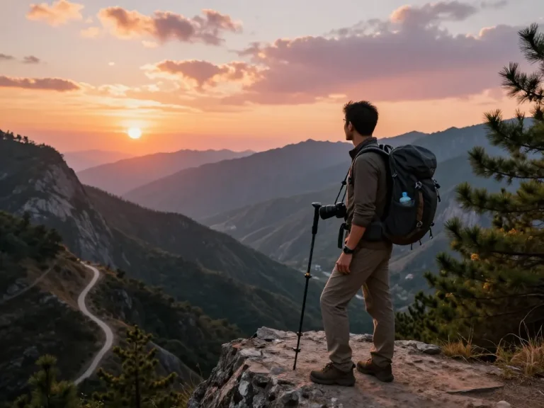 Stunning sunset view of a traveler at a mountain cliff capturing the essence of Fly88 adventures.
