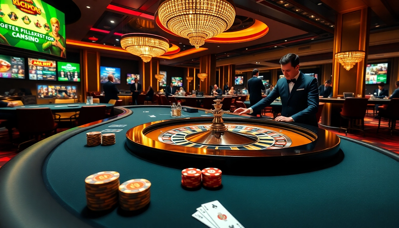 Experience the luxurious excitement of Go8 casino with a vibrant poker table and roulette wheel.