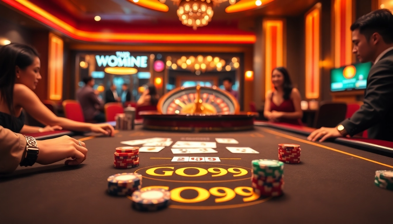 GO99 branded gaming table with vibrant poker chips and cards in a luxurious casino setting.