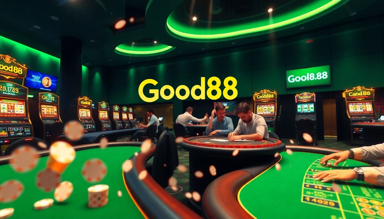 Players enjoying an exciting gaming experience at Good88 casino, featuring tables and slot machines.