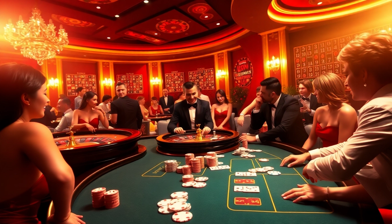 32 WIN casino table featuring engaged players, vibrant chips, cards, and a roulette wheel in an elegant setting.