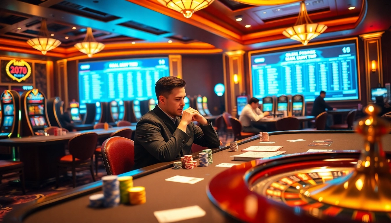 Kèo nhà cái chuẩn displayed prominently in a luxurious casino scene with poker tables and slot machines.