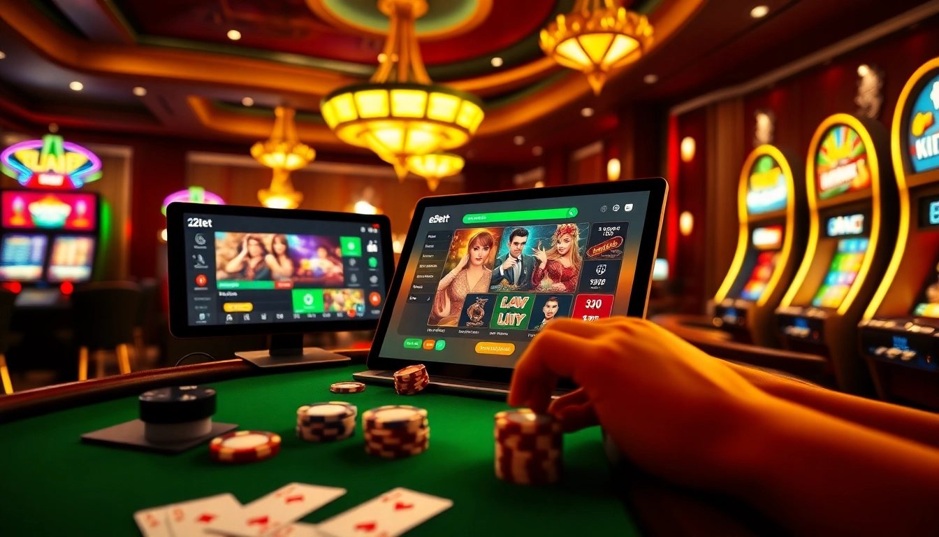 Experience e2bet with an exciting casino scene showcasing vibrant online gambling elements.