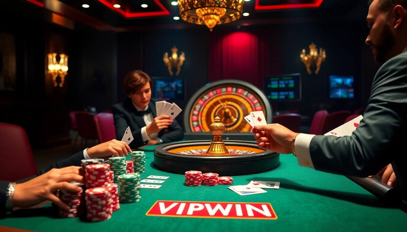 Engaging poker scene at a casino featuring vipwin gaming elements and luxury atmosphere.