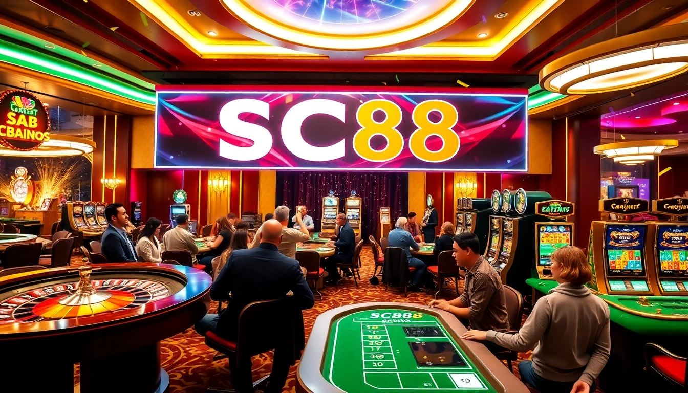 Engaged players celebrating winnings at the SC88 casino with vibrant slot machines and roulette tables.