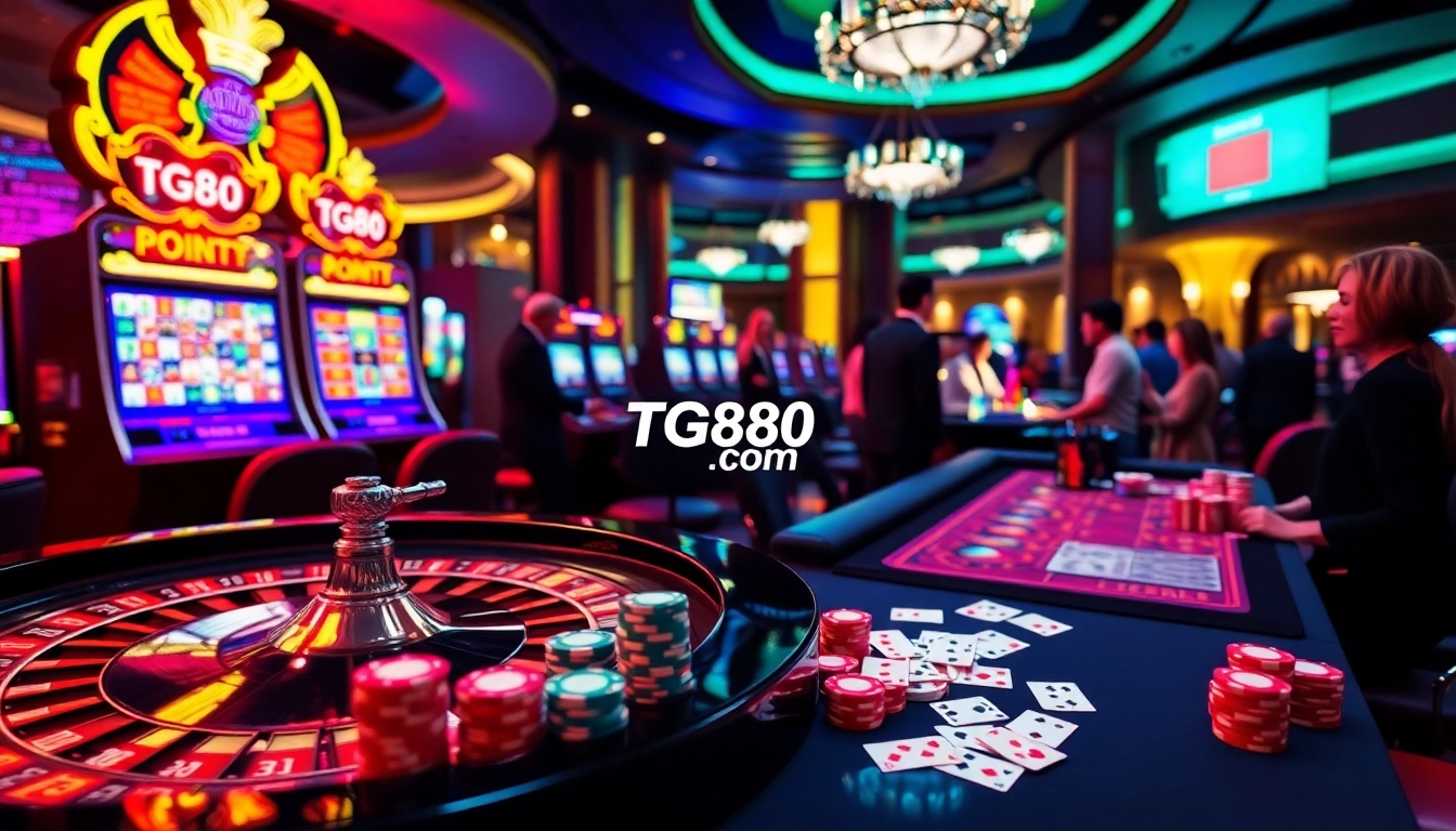 Exciting casino ambiance at TG88 com with roulette and slot machines showcasing vibrant games.