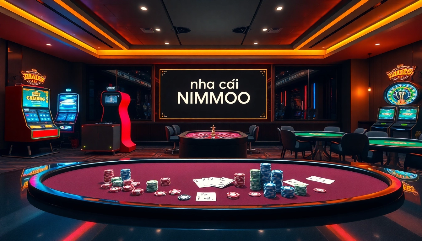 Exciting gaming layout at nhà cái MMOO featuring poker tables and vibrant slot machines.