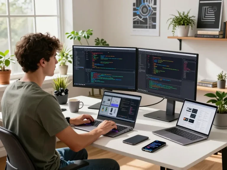 Techsslaash com workspace featuring a developer coding on dual monitors with fresh tech gadgets and natural light.
