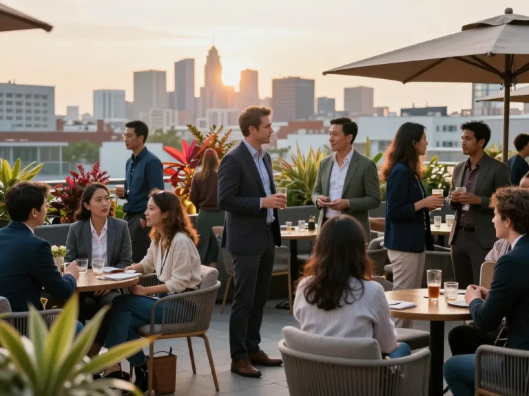 five88 networking event with professionals enjoying vibrant rooftop view and engaging conversations.