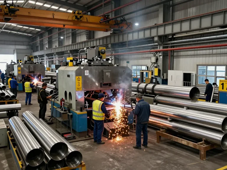 Manufacturing scene showcasing sumwin stainless steel pipe production in a bustling factory environment.