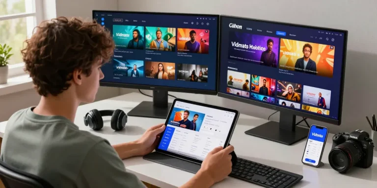 Professional using the Vidmate app to download videos on a tablet at a modern workspace