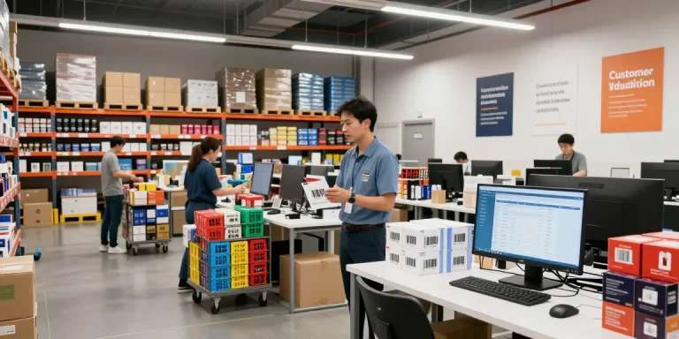 Engaged warehouse team processing LC888 e-commerce orders efficiently in bright environment.