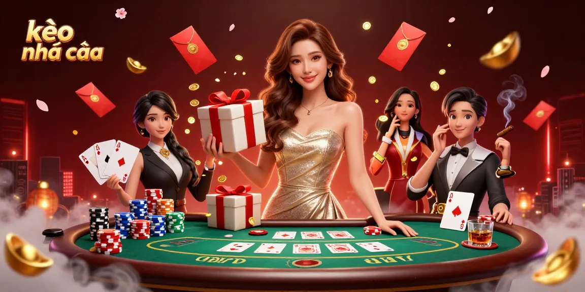 Experience winning strategies with kèo nhà cái at a festive casino scene, featuring poker elements.