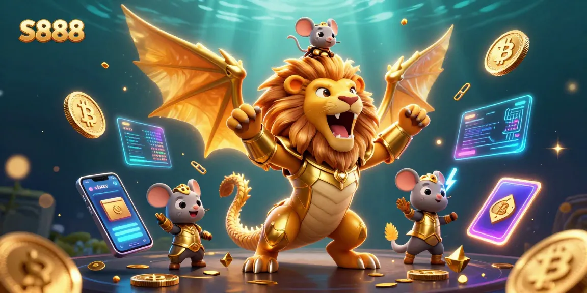 S888 engages players with a golden chimera and a brave mouse jockey amidst dynamic gaming elements.