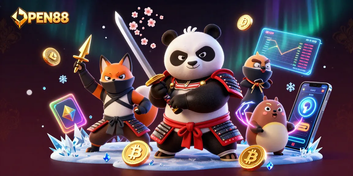Engage in thrilling adventures with OPEN88, featuring a panda samurai and ninja fox in an energetic casino scene.