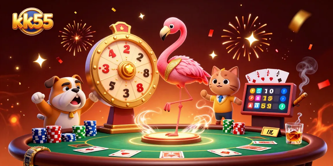 Engage in thrilling moments at kk55 with a vibrant game show scene featuring a flamingo host.