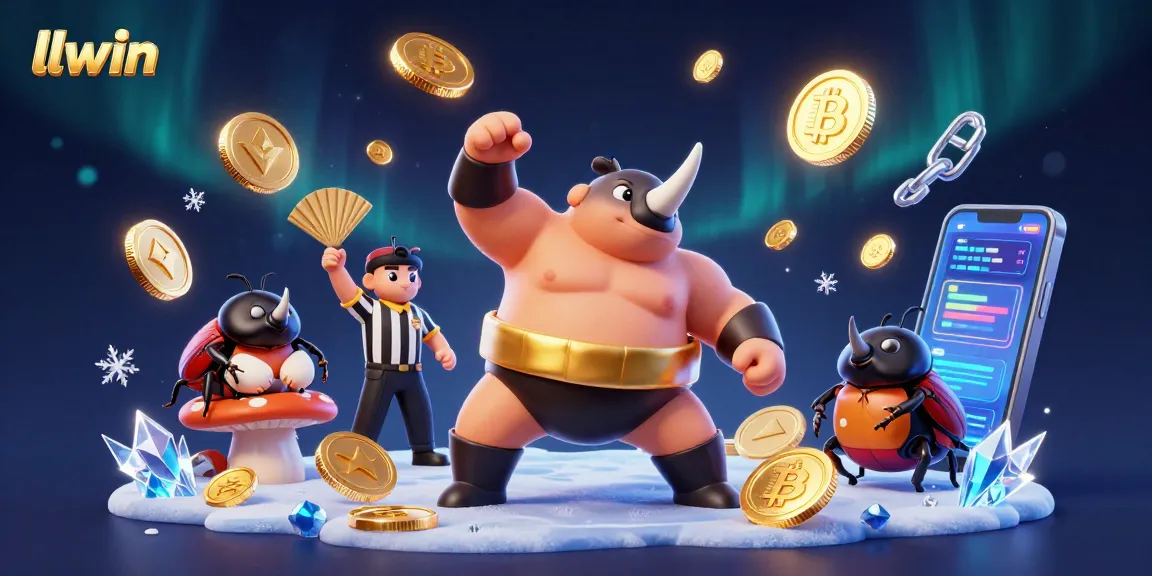 Experience llwin's vibrant online gaming scene with a dynamic sumo beetle champion in action, amidst floating cryptocurrency elements.