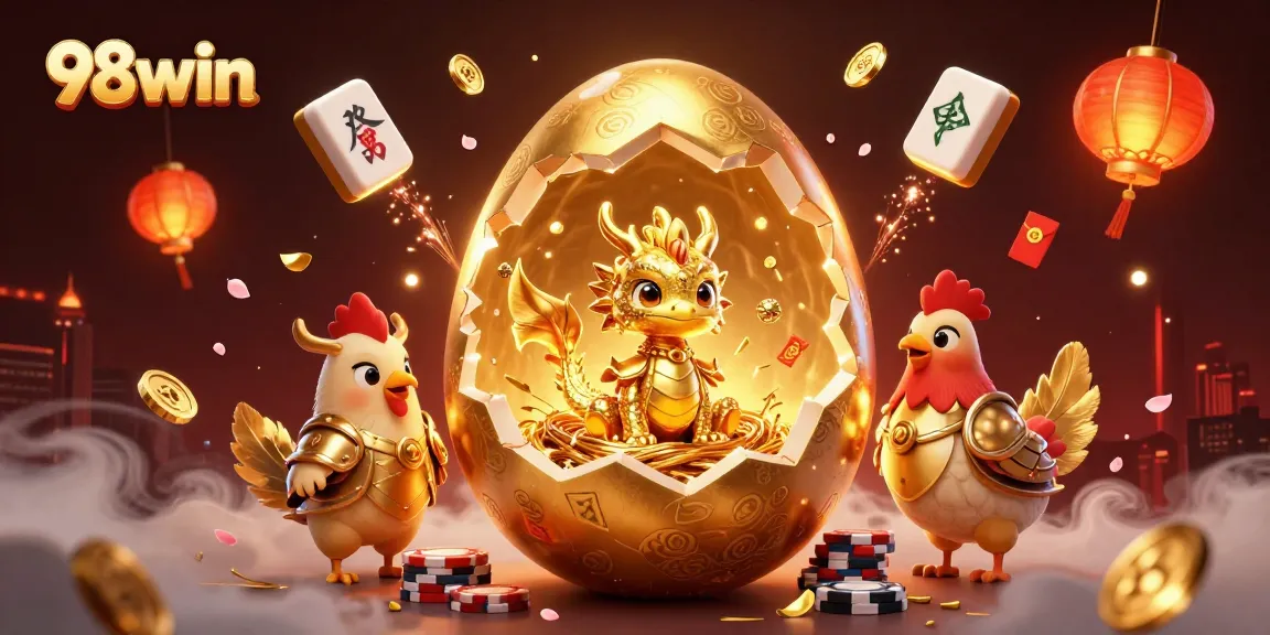 Experience thrilling wins at 98win with a vivid scene featuring a golden baby dragon amidst poker chips.