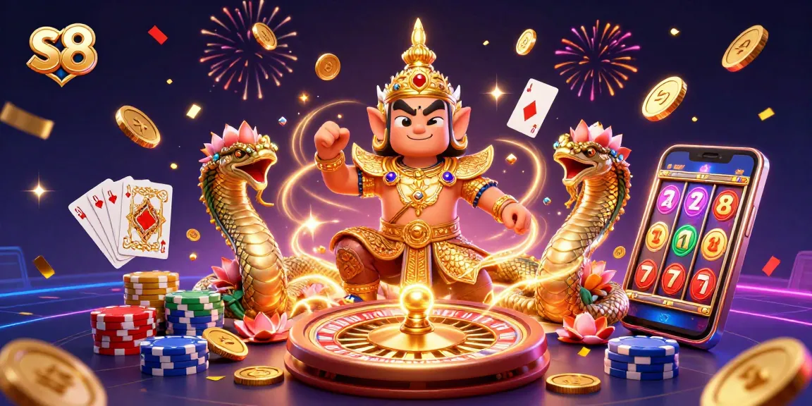 Experience excitement at S8 with vibrant games, golden coins, and a 3D guardian in a lively casino atmosphere.