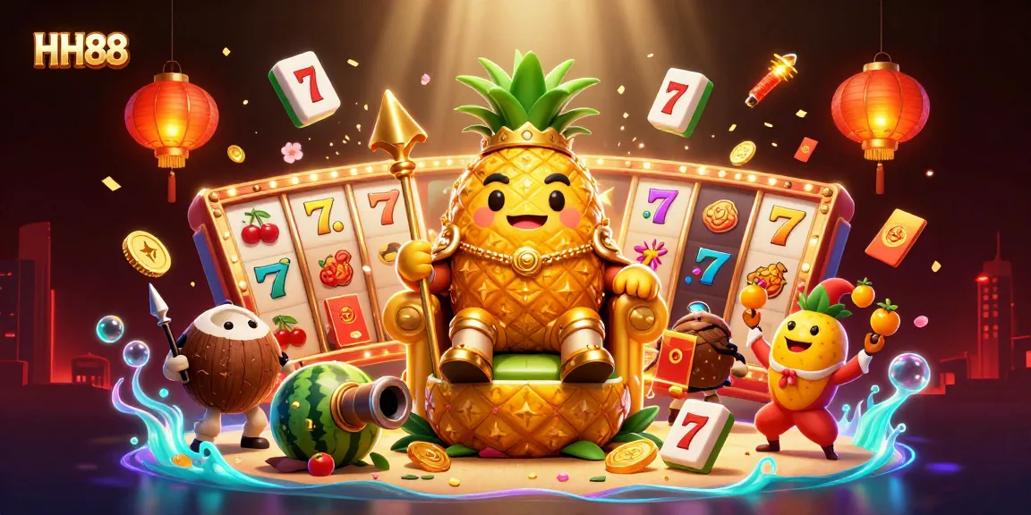 Engage with HH88 at our vibrant casino scene featuring a golden pineapple king and exciting games.