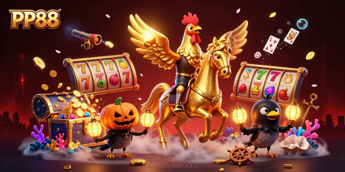 Join the thrilling world of PP88 casino with a golden rooster and spectral horse in a vibrant casino.